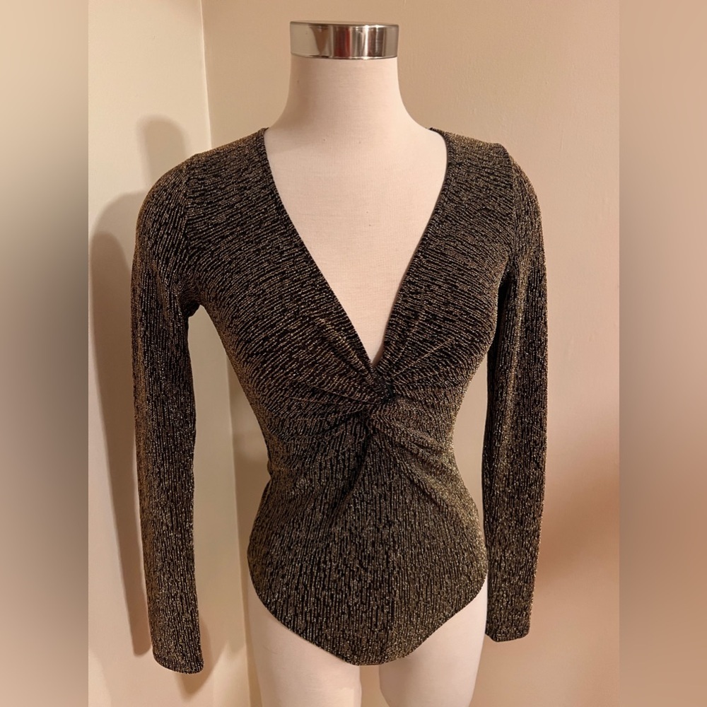June & Ivy Metallic Shimmer Bodysuit Long Sleeve Deep V Ruched Snap Closure S